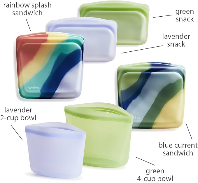 Stasher Premium Reusable Silicone Food Storage Bags, 6-Pack, Multicolor | Food-Safe Silicone, BPA-Free, Leak-Free, Eco-Friendly, Dishwasher, Lunch Bag, Travel Containers, Meal Prep, Lunch, Travel