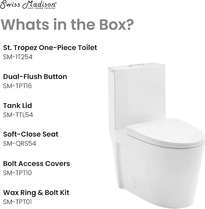Swiss Madison SM-1T254 St. Tropez One Piece Toilet Dual Tornado Flush 0.8/1.28 GPF with Soft Closing Seat, Comfort Height