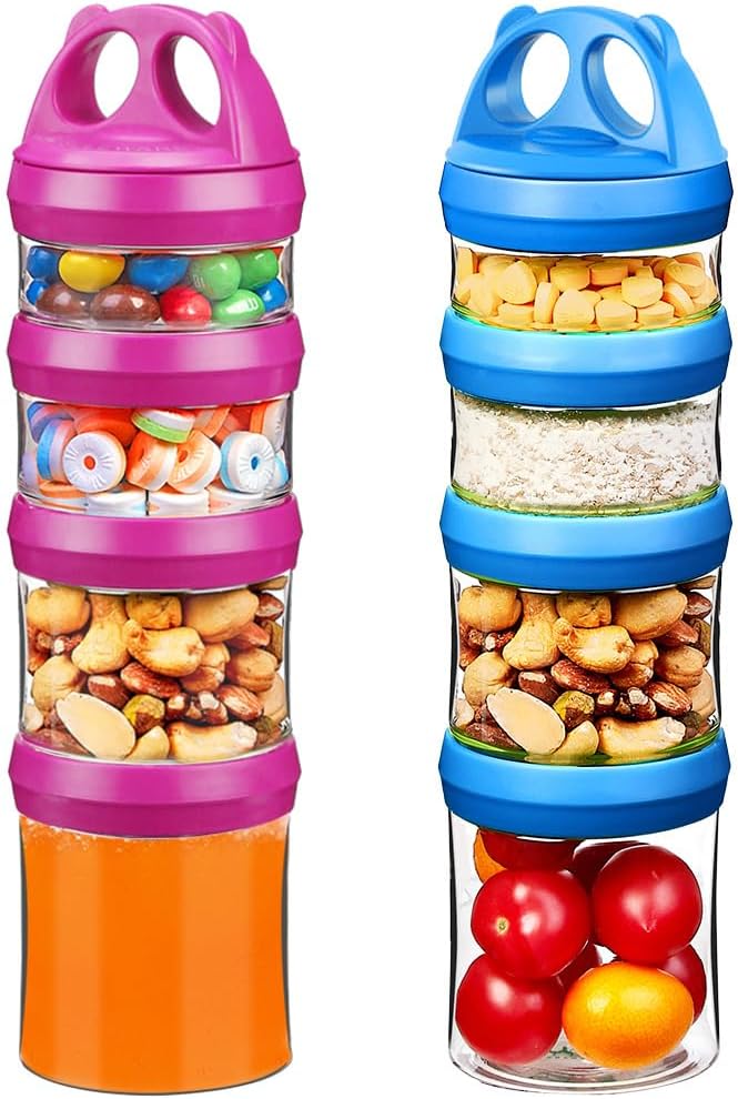 SELEWARE Stackable Snack Containers for Kids Toddlers Adults, Blue & Red | Portable Food Storage Containers for Snacks Formula Powder Drinks and Travel, Twist Lock System Airtight Leak-proof BPA Free