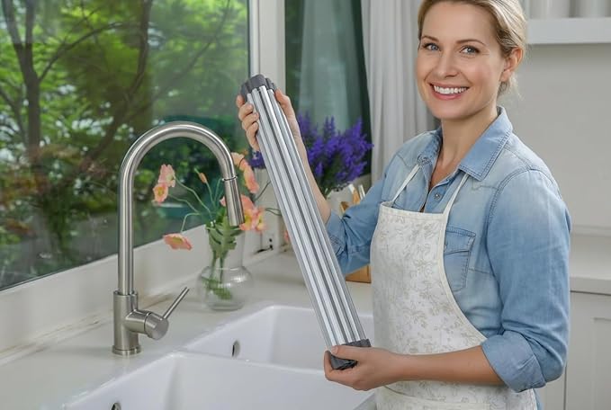 Large Aluminum Roll Up Dish Drying Rack (20.5" x 13") -Fits Sink Openings up to 19.5 Inches, Heavy Duty Square Bar, Rust-Proof & Heat Resistant with Removable Dish Holder (Purple Gray Large)
