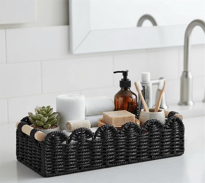 CubesLand Bathroom Basket Organizer, Toilet Tank Paper Storage Baskets 2PK | Scalloped Decorative Basket for Countertop w/Handle, Wicker Basket for Bathroom Decor, Home Decor, Living Room, Black