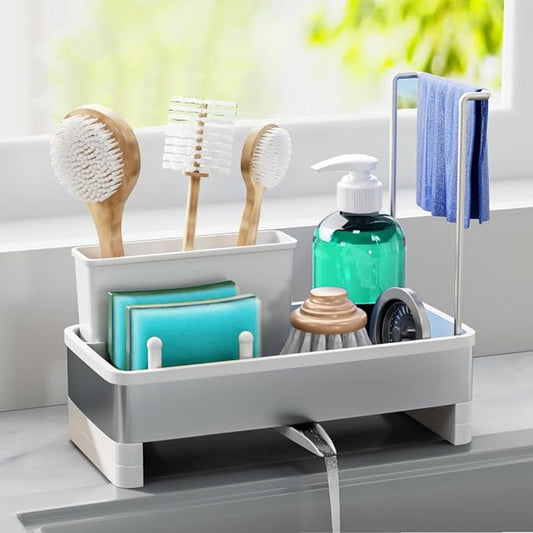 Sink Caddy Organizer, Kitchen Sponge Holder for Sink with Quick Drain Tray & Detachable Towel Rack, Sturdy Rustproof Kitchen Countertop Organizer for Sponge Soap Dispenser (White)