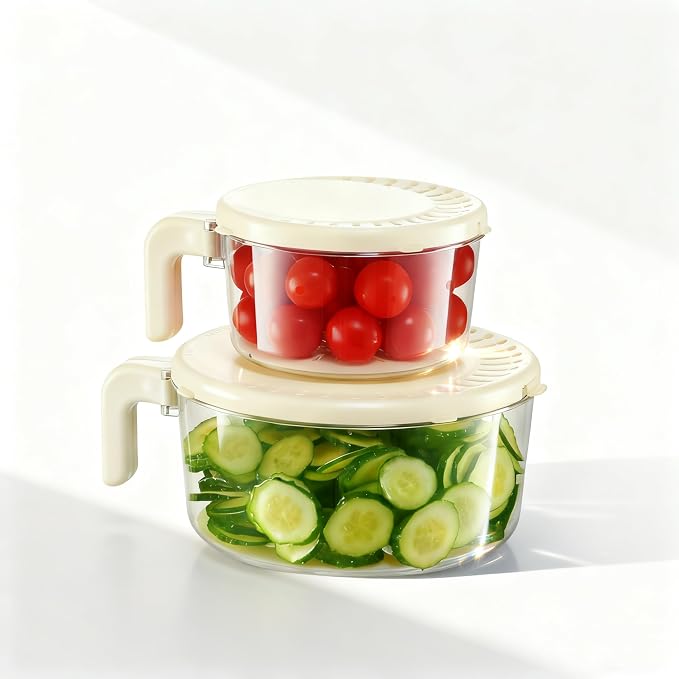 Fruit Washing Bowl with Strainer,Colander for Kitchen,Multi-Functional Vegetable and Food Drainer with Lid And Handle,Portable Fruit Containers for Fridge,BPA Free,2 Set
