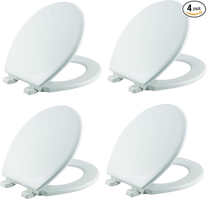 Mayfair Linden Slow Close Toilet Seat, Non Slip Heavy Duty Wood, Easy Install, Made in USA, Round, White, 4 Pack