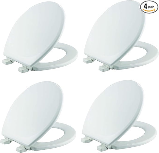 Mayfair Linden Slow Close Toilet Seat, Non Slip Heavy Duty Wood, Easy Install, Made in USA, Round, White, 4 Pack