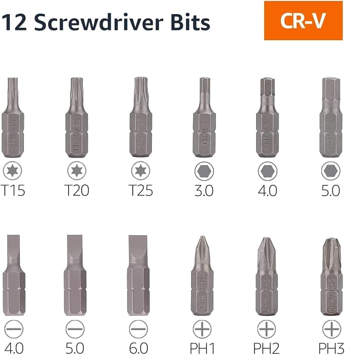 Amazon Basics 12-in-1 Ratcheting Magnetic Screwdriver Set with Bit Storage in Handle, Portable Repair Tool Kit, Security Torx, Phillips, Flat, Hex, Torx, Black, Blue, Silver