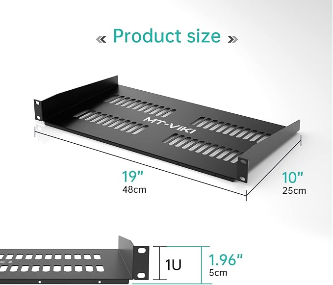 MT-VIKI 2-Pc 19 inch Rack Shelf, 1U Server Rack Shelf 10" Deep, Universal Vented Rack Mount Cantilever Tray for Rack & Cabinet (2-Packs)