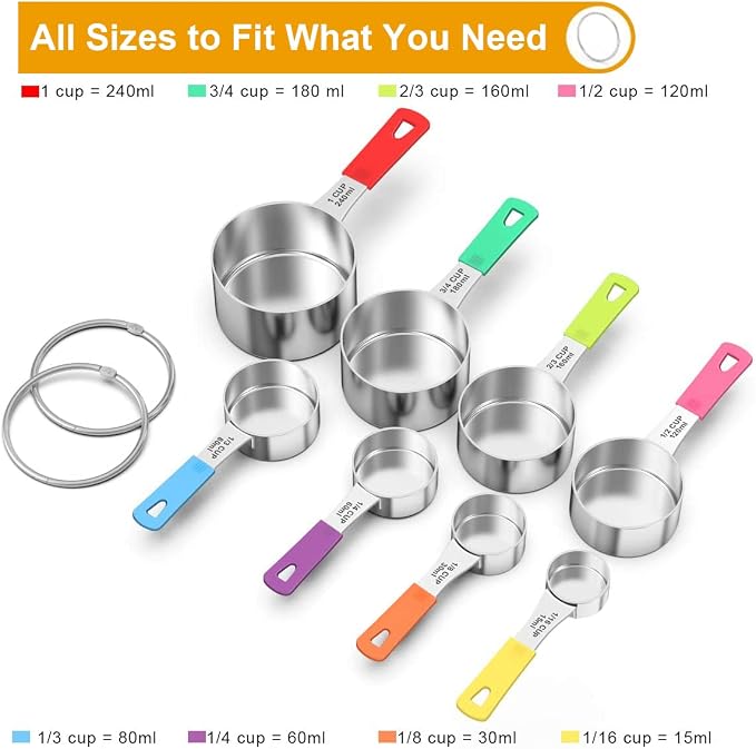 Wildone Stainless Steel 8-Piece Measuring Cups Set with Silicone Handle | Kitchen Gadgets for Cooking & Baking, Dishwasher Safe