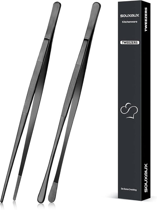 2 Pcs 10-inch Cooking Tweezers Tongs Precision Serrated Tips, Stainless Steel Professional Chef Tweezer Kitchen Tools for BBQ, Plating and Serving (Black)
