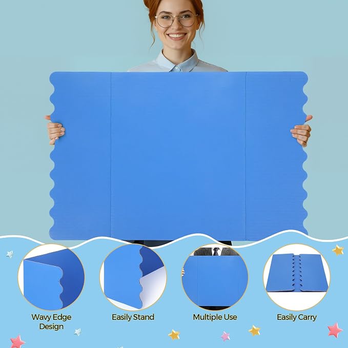 Mooliwe 4 Pack 21" x 14" Blue Trifold Poster Board, Mini Foldable Corrugated Presentation Display Board with Scalloped Border for Science Fair Events, School Projects, Back to School Supplies