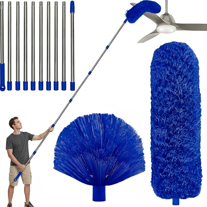 Cobweb Duster with 2-14 ft Extension Pole, Spider Web Brush, Microfiber Feather Long Handle Duster for High Ceilings, Fan, Furniture, Home