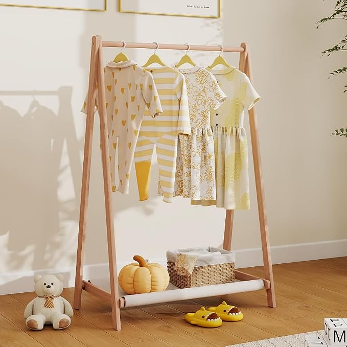 Kids Clothes Rack,Foldable Solid Wood Small Baby Clothes Rack with Bottom Storage Shelf,for Laundry Drying,Mini,Floor Standing,Portable(31.5" L)