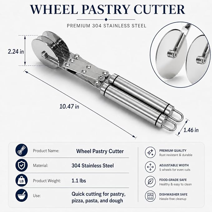 Wheel Adjustable Pasta Cutter with Handle - Stainless Steel Multi-Tool for Baking Pastry, Pizza, Noodles & Pie Crust (7 Roller)