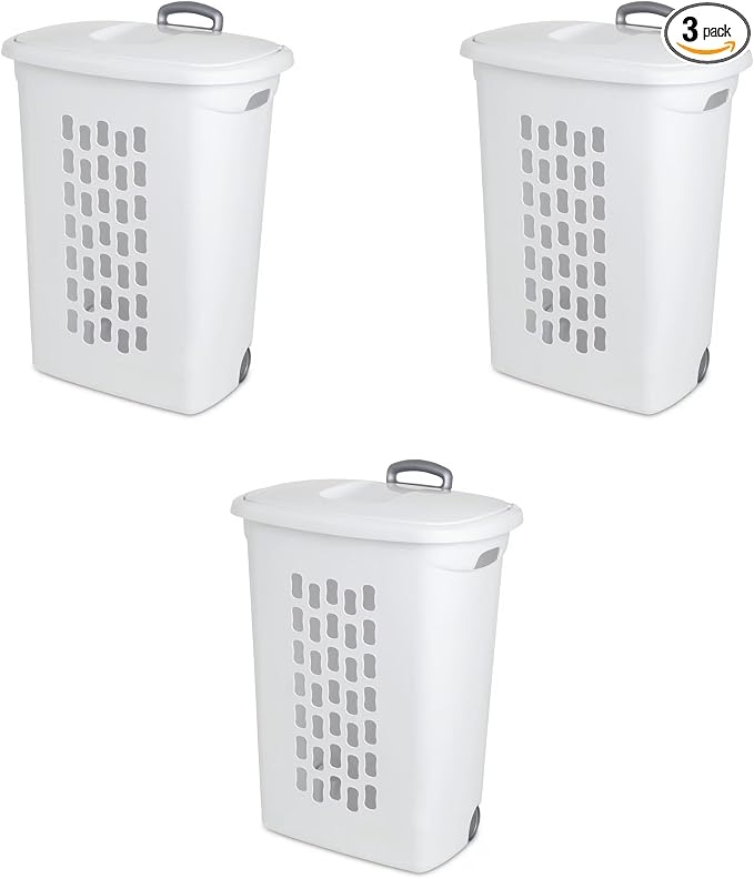 Sterilite Ultra™ Wheeled Hamper, Plastic Laundry Hamper, White, 3 Pack