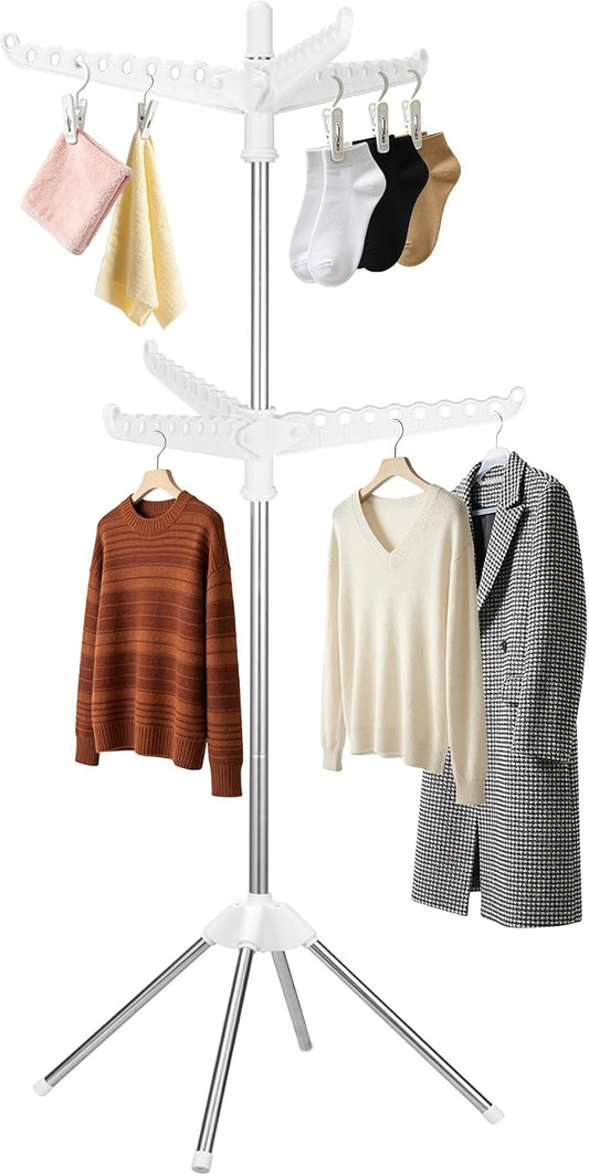 2-Layer Rotatable & Foldable Clothes Drying Rack 75" Stainless Steel Laundry Drying Tree with 6 Rotatable Arms, 4-Leg Free-Standing Hanger Stand for Indoor, Balcony, and Laundry Room