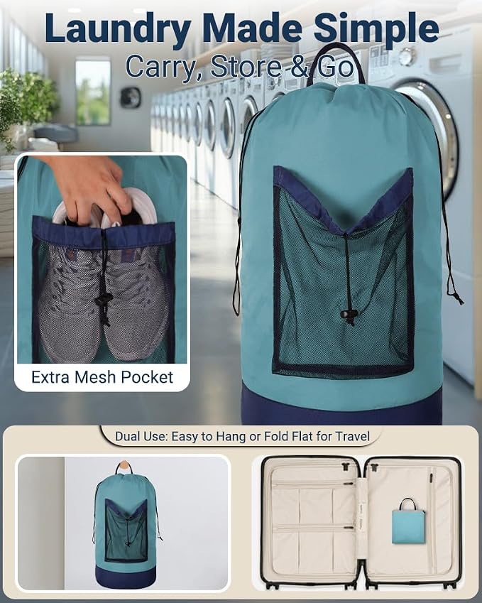 Laundry Bag with Shoulder Straps and Mesh Pocket Laundry Backpack Large Portable Laundry Hamper for College Laundromat Apartment
