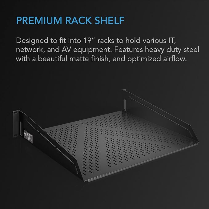 AC Infinity Vented Cantilever 2U Universal Rack Shelf, 16" Deep, for 19” Equipment Racks. Heavy-Duty 2.4mm Cold Rolled Steel, 100lbs Capacity