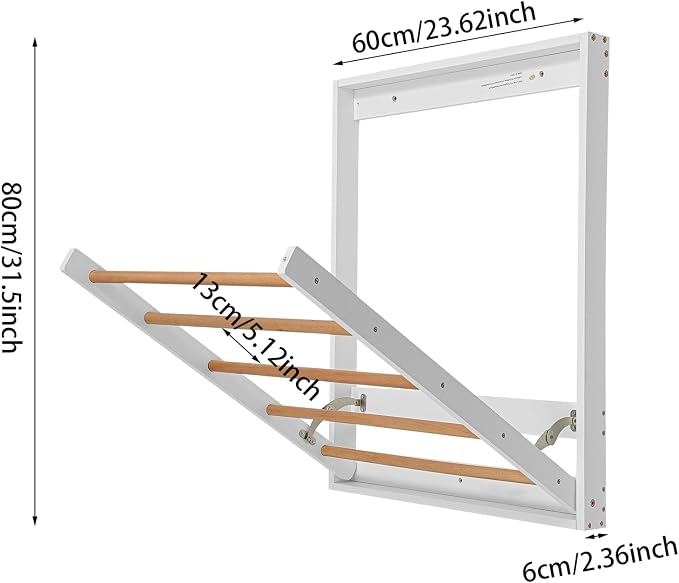 Wall Mounted Clothes Drying Rack, Folding Laundry Drying Rack with 5 Wooden Rods, 11LBS Capacity Retractable Clothes Airer for Bathroom Laundry Room Balcony