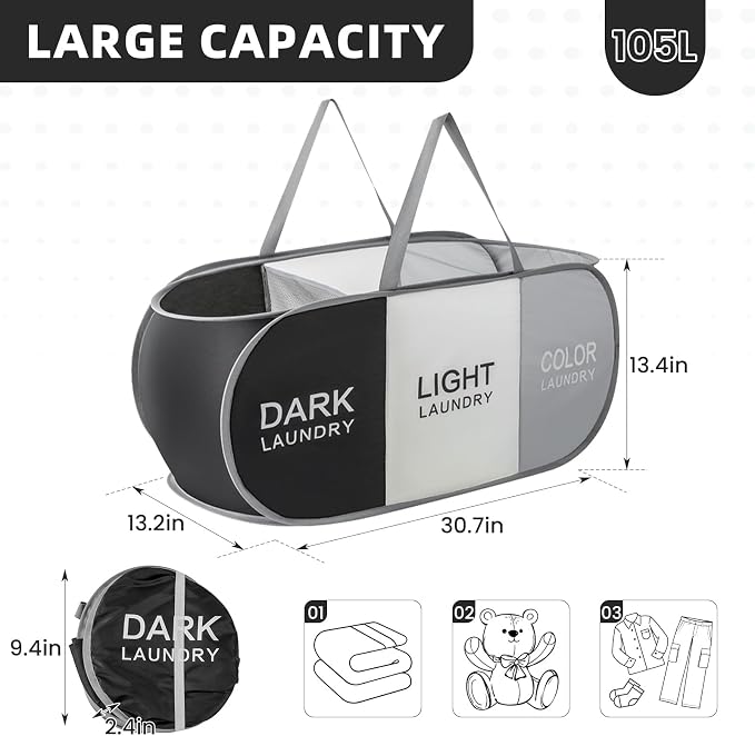 Collapsible Laundry Baskets with 3 Compartments, Black + Grey + Begie | 75L, Foldable, Pop up Hamper, Reinforced Durable Laundry Hamper for Home, Laundry, Bathroom, Dorm or Travel