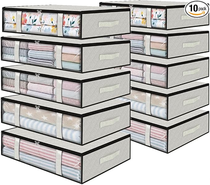 StorageRight Under Bed Storage Bags, 10 Pack, 40L, White | Breathable Non-Woven Fabric with a Clear Window and Zippered Top for Clothes, Comforters, Blankets and Seasonal Storage