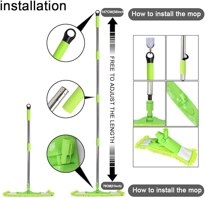 [Godiyyer] Dust Mop for Floor Cleaning, 360° Swivel Chenille Mop with 2 Washable Pads, Adjustable 31-58" Handle, Dry and Wet Available, Suitable for Hardwood, Laminate, Tile, Marble