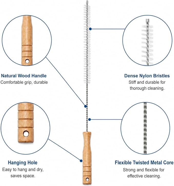 2 Pack Drain Cleaning Brush, 28 Inch Flexible Drain Cleaner Tool with Wooden Handle, Sink Brush with Nylon Bristles for Hair Clogs, Shower, Bathroom Tub, Kitchen Sink, Overflow Hole