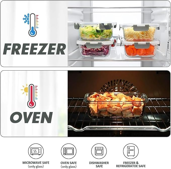 VERONES 12 Packs Glass Food Storage Containers Set, Airtight Glass Lunch Containers, Glass Meal Prep Containers with Lids,Exclusive of BPA, for Microwave, Oven, Freezer & Dishwasher Friendly,Grey