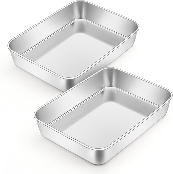 Leonyo 9.3"x7" Lasagna Pan Set of 2, 2In Deep Stainless Steel Baking Sheet | For Commercial Kitchen, Focaccia Bread, Casserole Dish, Oven Safe & Rectangle