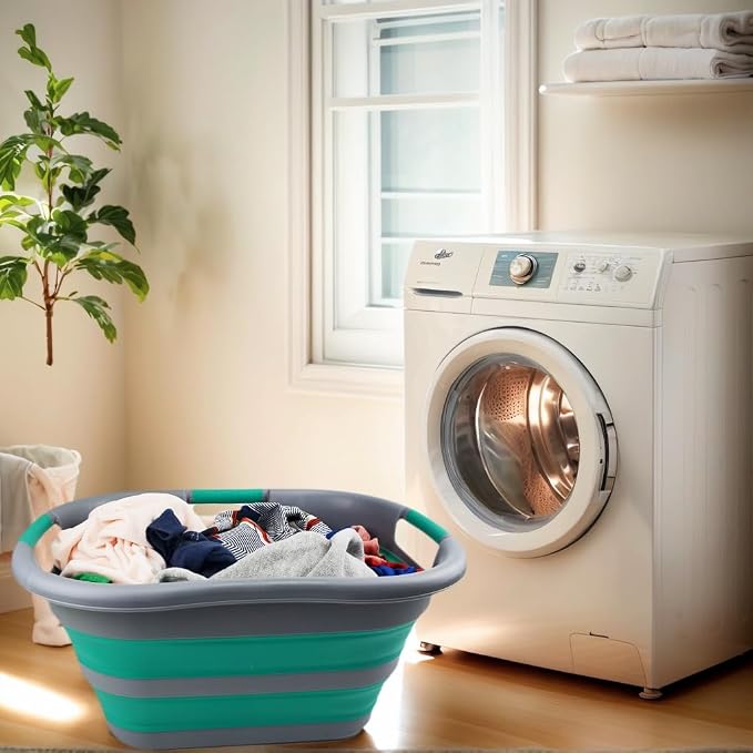 SAMMART 30L (7.9 gallon) Collapsible Plastic Laundry Basket - Foldable Pop Up Storage Container/Organizer - Portable Washing Tub - Space Saving Hamper/Basket (1, Dark Grey/Bluish-Green)