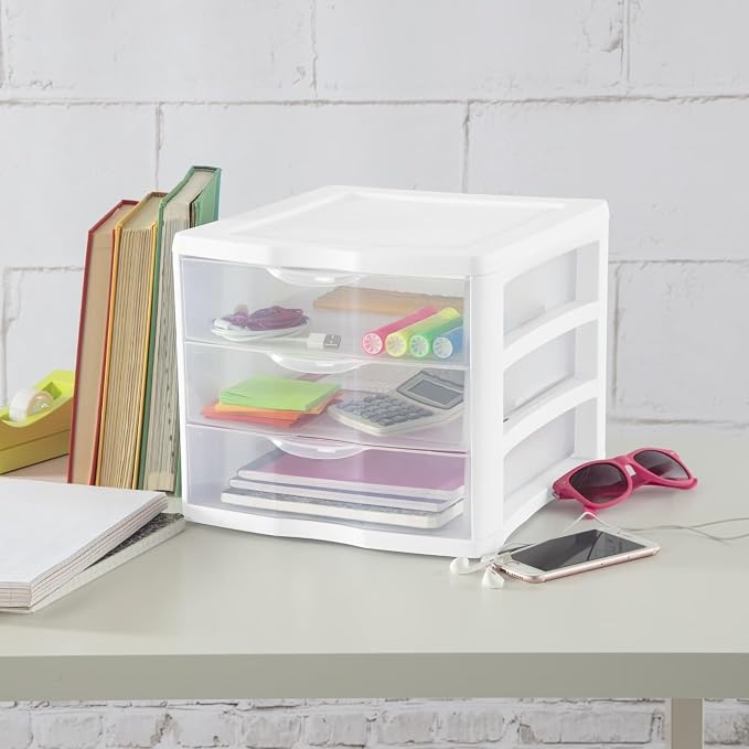 3-Drawer Clear Plastic Desktop Organizer, White | Stackable Design, Anti-Slip Drawer Stops, Letter/A4 Size Fit, 13.50 x 11.00 x 9.63 in, No Assembly Required