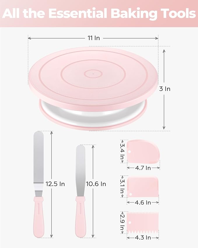 Kootek Cake Decorating Kit Baking Supplies Set Cake Turntable with 2 Frosting Straight Angled Spatula 3 Icing Smoother Scrapers Baking Accessories Tools for Beginners and Pros Mother's Day, Light Pink