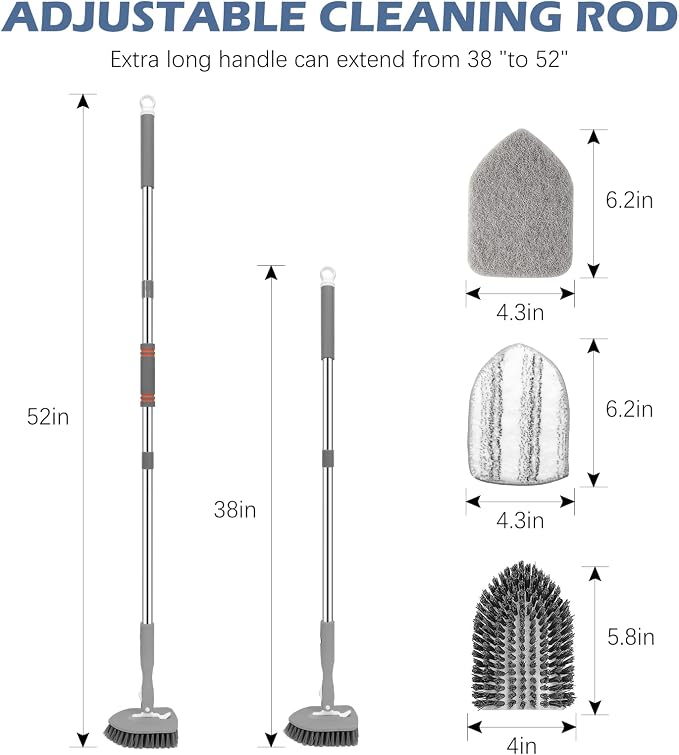 SetSail Tile Tub Scrubber Brush 3-in-1 Shower Scrubber with Adjustable Long Handle Shower Cleaner Brush and 3 Detachable Replacement Brush Heads for Cleaning Bathroom Kitchen Walls Tub Tile,Grey