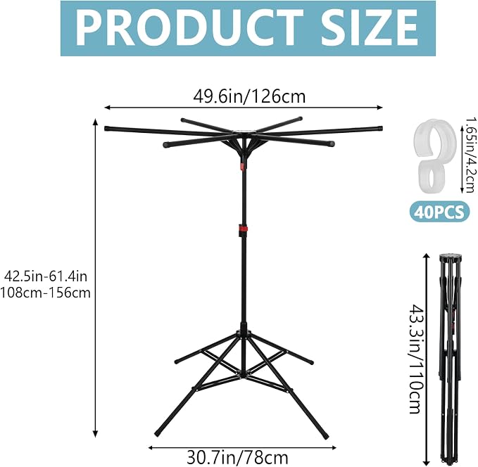 Foldable Clothes Drying Rack, 6 Rod Umbrella Style Height Adjustable Carbon Steel Laundry Stand with 40 Windproof Hooks, Collapsible Space Saving Tripod Garment Dryer for Indoor Backyard Outdoor
