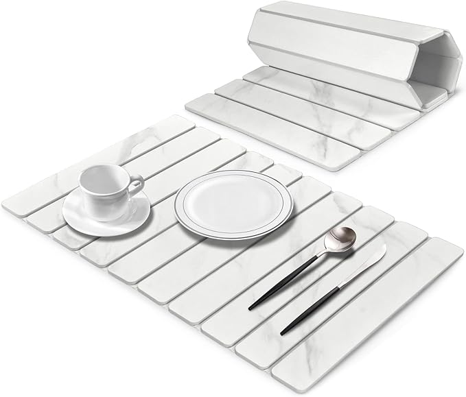 Large Stone Dish Drying Mats for Kitchen Counter, 24"×16" Marble-Pattern, Fast Drying Collapsible Dish Drying Mat, Non - Slip Collapsible Absorbent Mat for Multi - Purpose, Match Any Countertop【White】