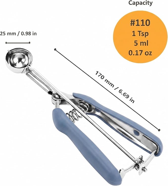 Cookie Scoop, Extra Small Cookie Scoop for Baking, 1 tsp / 5 ml Cookie Scooper, 18/8 Stainless Steel Cookie Scooper for Baking, Cookie Dough Scoop with Non-slip Grip(Blue Gray)