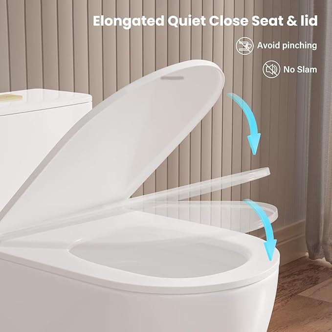 Casta Diva Elongated One Piece Toilet with 17" ADA Comfort Chair Height Seat Compact Toilet for Bathroom Dual Flush 1.1/1.6GPF, 12'' Rough-in, Dual Flush Toilet Button Golden