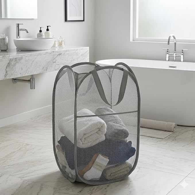 Mesh Large Pop Up Laundry basket, Collapsible Laundry Hampers with Handles, Foldable Dirty Clothes Hampers for Bathroom, College Dorm, Travel, Gray