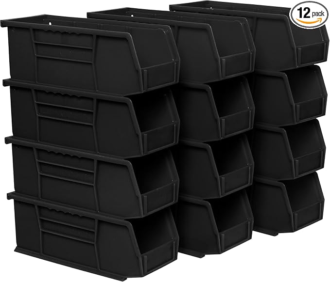 Akro-Mils 30224 AkroBins Plastic Storage Bins, Space-Saving Stackable Bins for Garage, Pantry, Craft Organization, 11" L x 4" W x 4" H, Black, 12-Pack