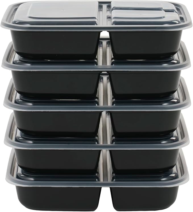 IRIS USA Meal Prep Containers, 36oz - 50 Pack (100-Piece) 3-Compartment Reusable Food Storage Containers with Lids, Plastic Kitchen Food Prep To Go Lunch Box, Microwave Freezer Dishwasher Safe, Black