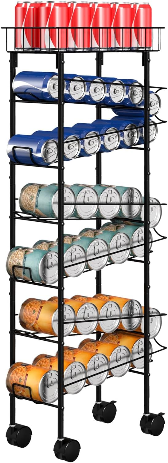 MOOACE Slim Soda Can Storage Cart with Wheels, Canned Food Organizer, Black | Rolling Cans Dispenser Rack, Top Basket, For Kitchen Pantry, Narrow Space