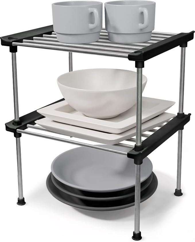 carrotez Set of 2 Stackable Cabinet Organizer Shelf 9.8 x 7.8 x 6.1 Black | Kitchen Counter Shelves, Kitchen Cabinet Organizers and Storage, Pantry Storage Shelf Organizer
