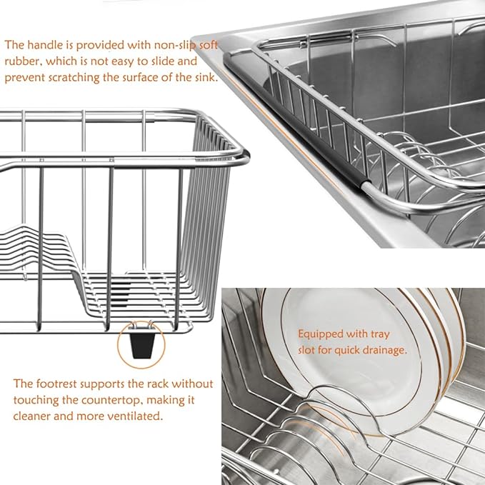 NiuYichee Stainless Steel Dish Drying Rack(15"L X 11"W X 4.1"H), Expandable Fruit & Vegetable Drain Rack over Sink, Dish Drainer Rack in Sink, with Stainless Steel Utensil Holder & Silicone Mat(16")