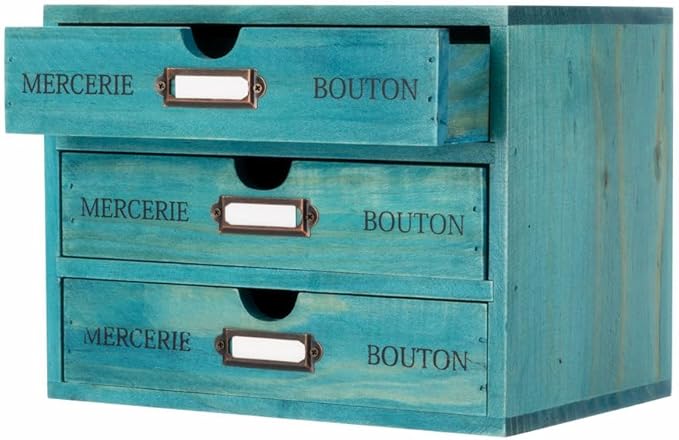 Small Wooden Drawers Wooden Box with Drawer Blue | 3 Drawer Storage Box for Apothecary Cabinet, Apothecary Drawers，Desktop Organizer with Metal Handles for Office，Home