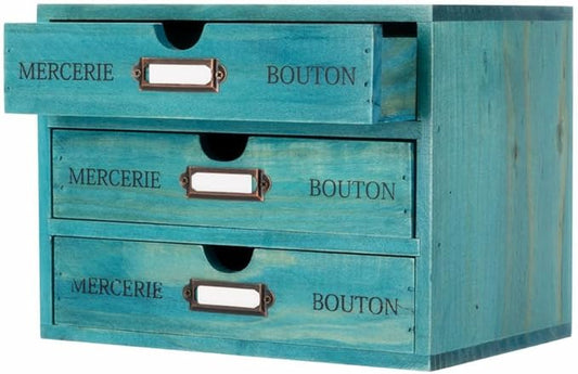 Small Wooden Drawers Wooden Box with Drawer Blue | 3 Drawer Storage Box for Apothecary Cabinet, Apothecary Drawers，Desktop Organizer with Metal Handles for Office，Home