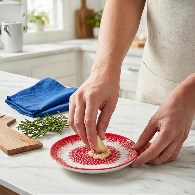 Handcrafted Ceramic Garlic Grater Plate 4-Pc Set, 5.12" Handmade Porcelain Grinding Dish with Wooden Boar Bristle Brush & Textured Silicone Peeler, Ruby Red Embossed Lily
