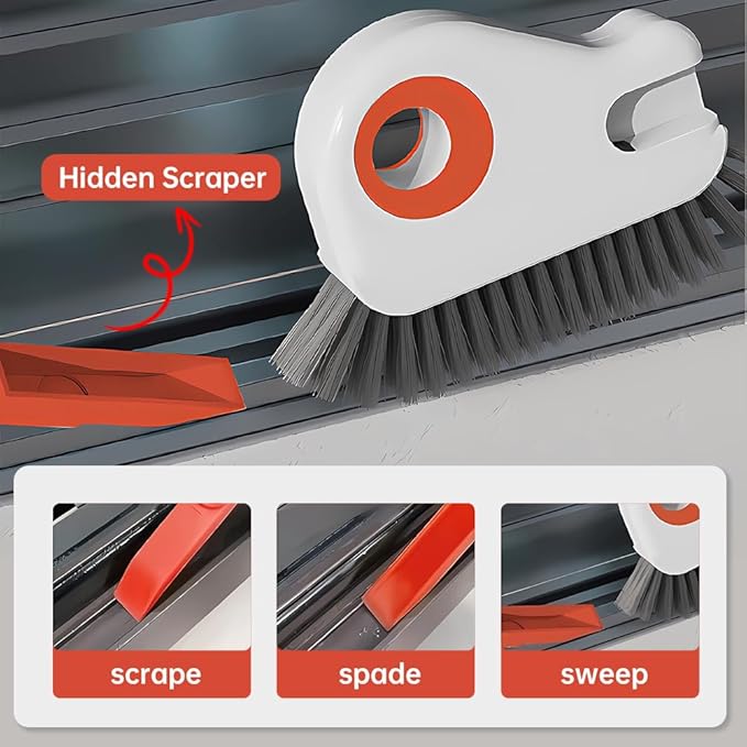 2 in 1 Groove Cleaning Brush Window Track Cleaning Tools, 2024 New Hard Bristle Crevice Cleaning Brush with Hidden Scraper, Shutter Door Window Track Kitchen Cleaning Brushes Kit (1, White)