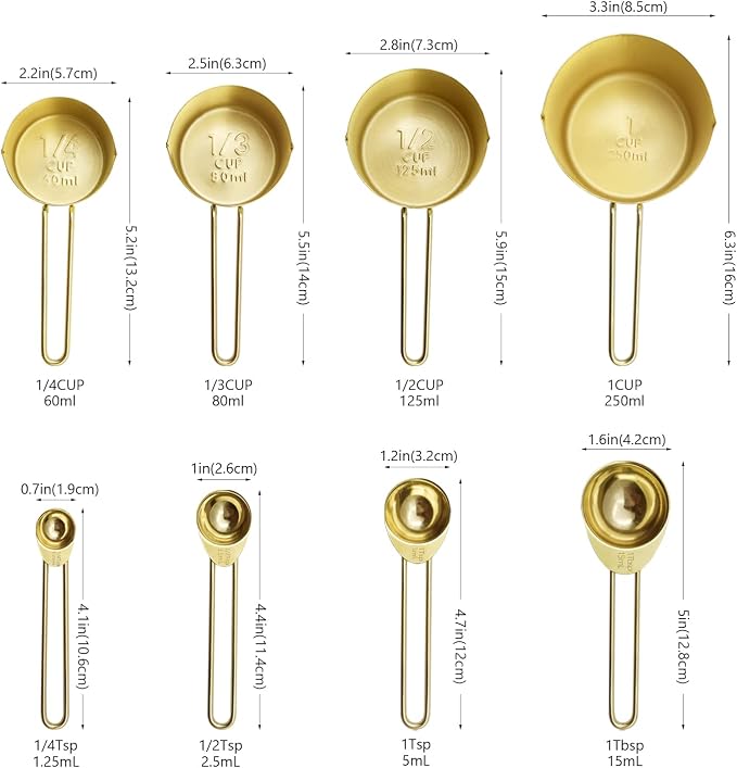Gold Measuring Cups and Spoons Set of 8 pcs, Stainless Steel Measuring Cups and Spoons Set, 4 pcs Measure Cups, 4 pcs Measure Spoons For Cooking
