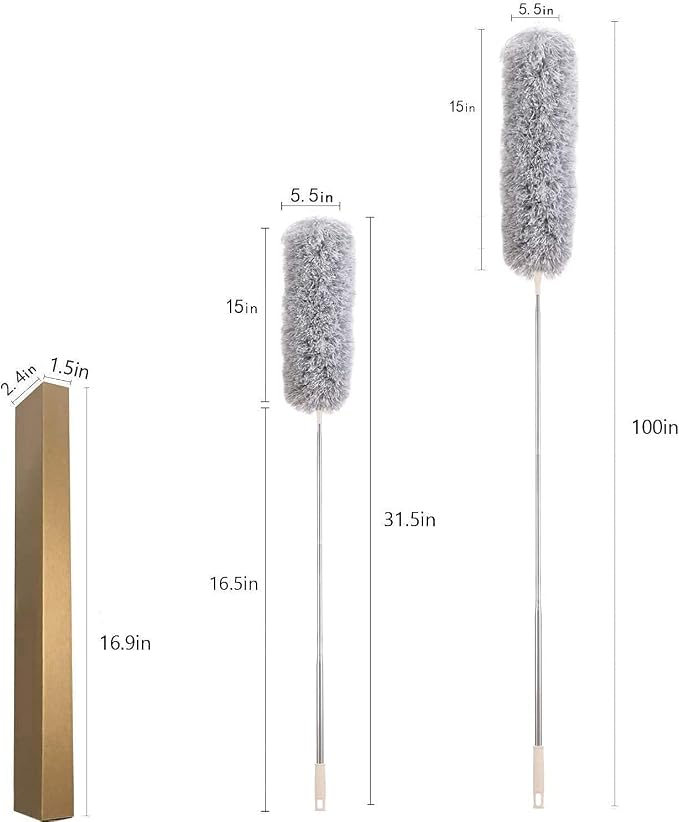Microfiber Feather Duster, High Ceiling Fans with 30-100 Inch Pole, Gray | Bendable & Washable Head Traps Dust Without Scratching, Long Extendable Duster for Home Car Furniture Cobweb, Wet, Dry Use