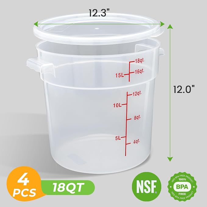 BIEAMA 4 Pack 18 Qt Round Food Storage Containers with Lids, Translucent PP | Include lids, labels, measuring cups and containers with capacity markings for food prep, pantry storage and dough proofing.