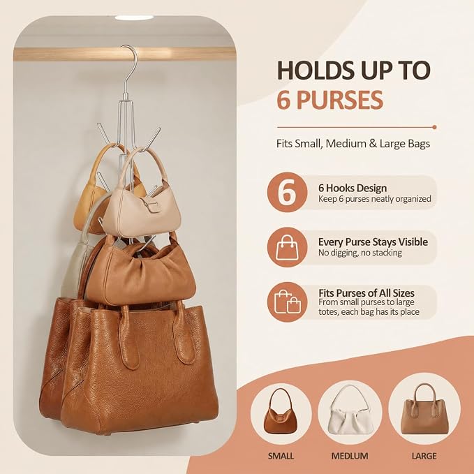 ZEDODIER Purse Organizer for Closet, Heavy-Duty Hanging Purse Hanger Closet Holds Up to 6 Purses, Metal Rotating Space Saving Bag Holder Handbag Storage Hook Backpack Rack, Silver